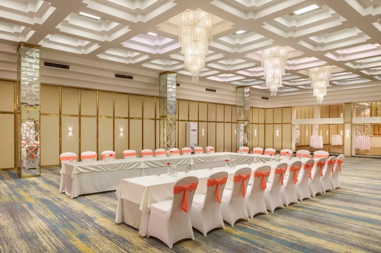 Banquet Hall Interior: Completed banquet hall interior with coffered ceiling in Nepal