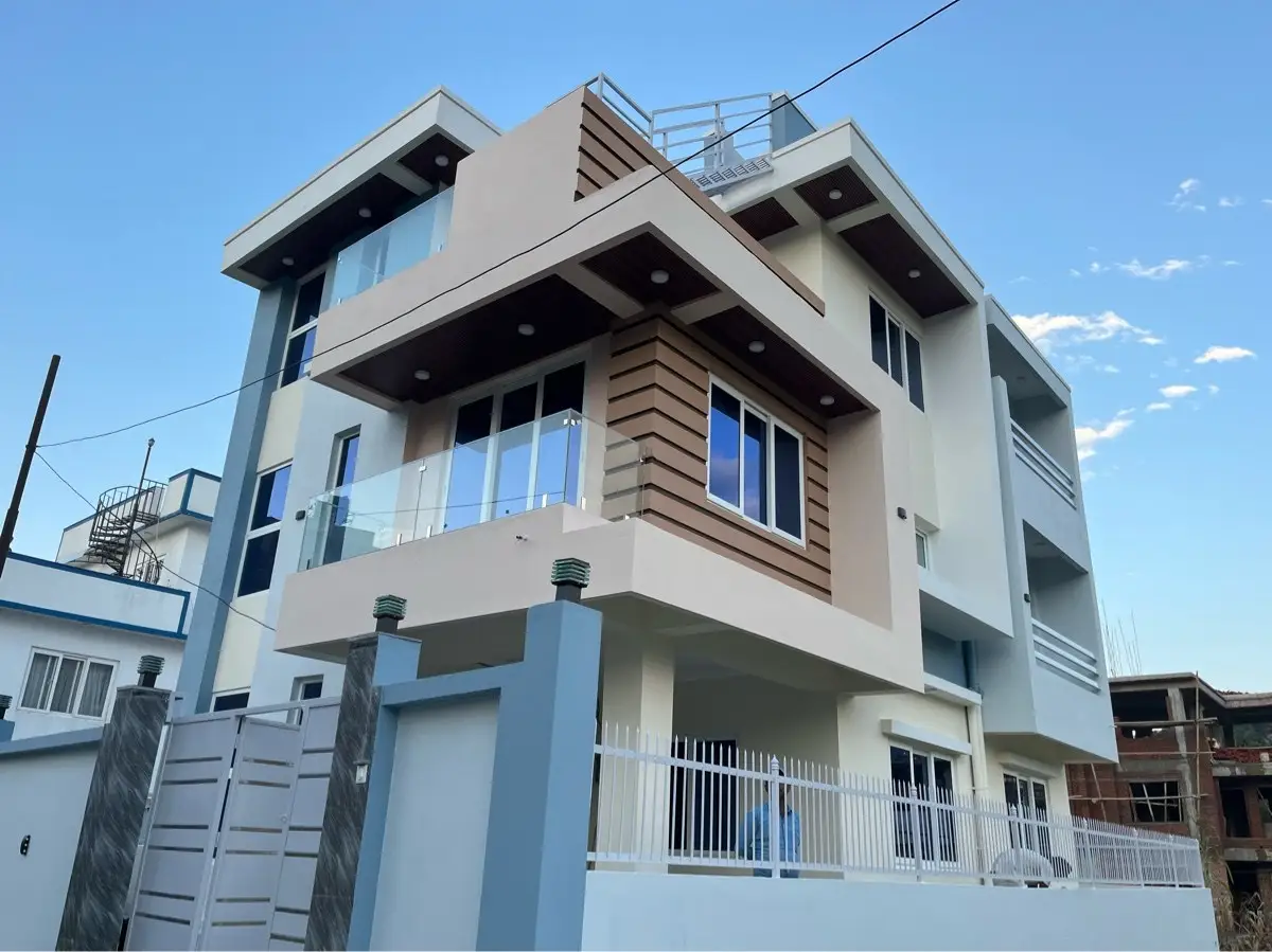 Modern Timber-Accent Home: Completed modern house with timber accents in Nepal, image 1 of 3