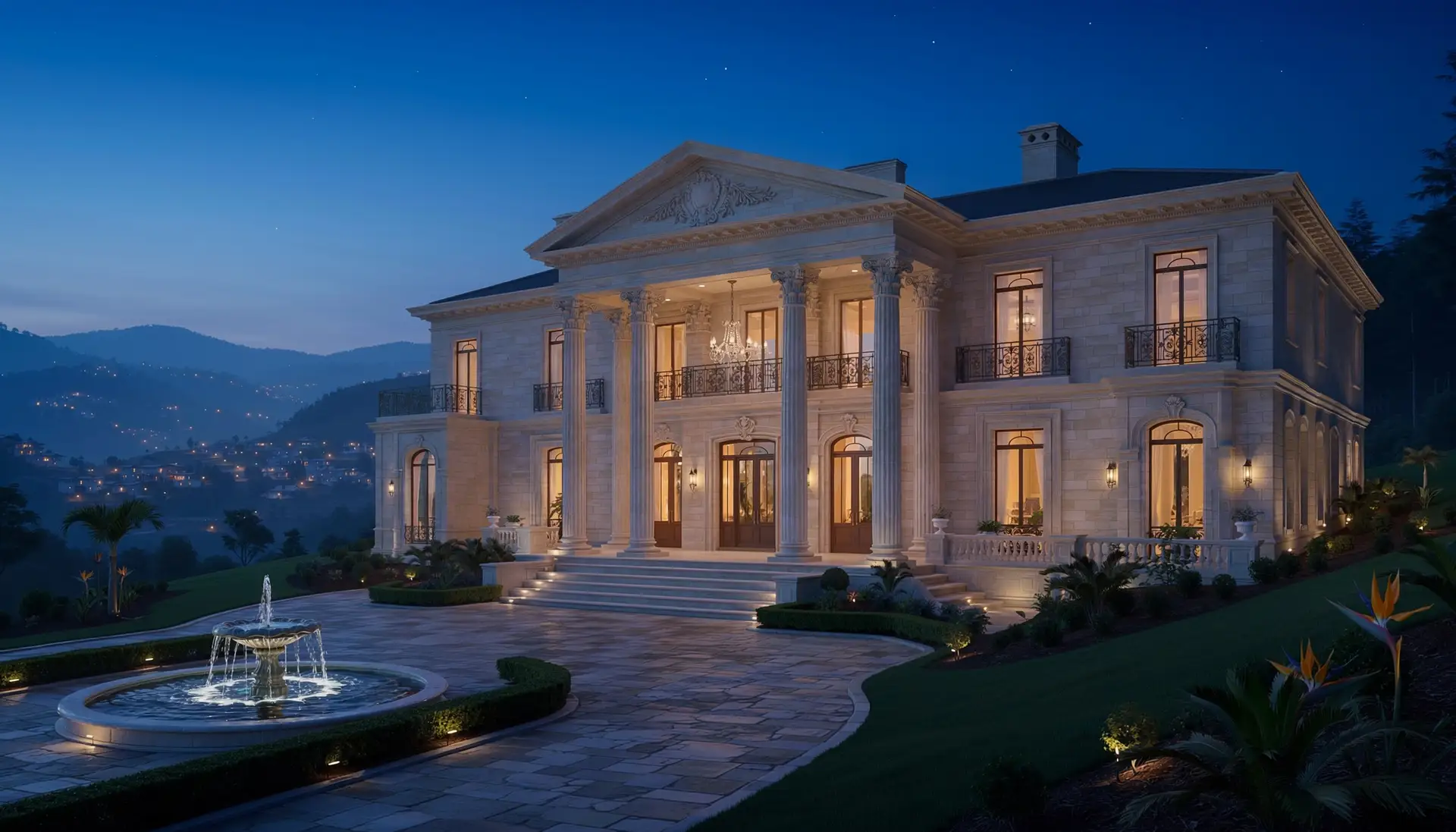 Hillside Neoclassical Villa: Night render of a neoclassical villa design on a hillside in Nepal