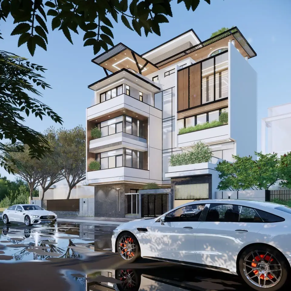 Contemporary Family Home: Modern house design in Nepal with timber and glass facade, image 1 of 2