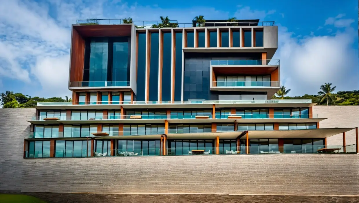 Glass-Fin Commercial Building: 3D render of a modern commercial building design in Nepal, image 2 of 4