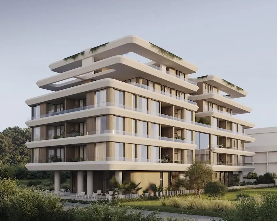 Terraced Apartment Building: 3D render of a terraced residential building design, image 3 of 4