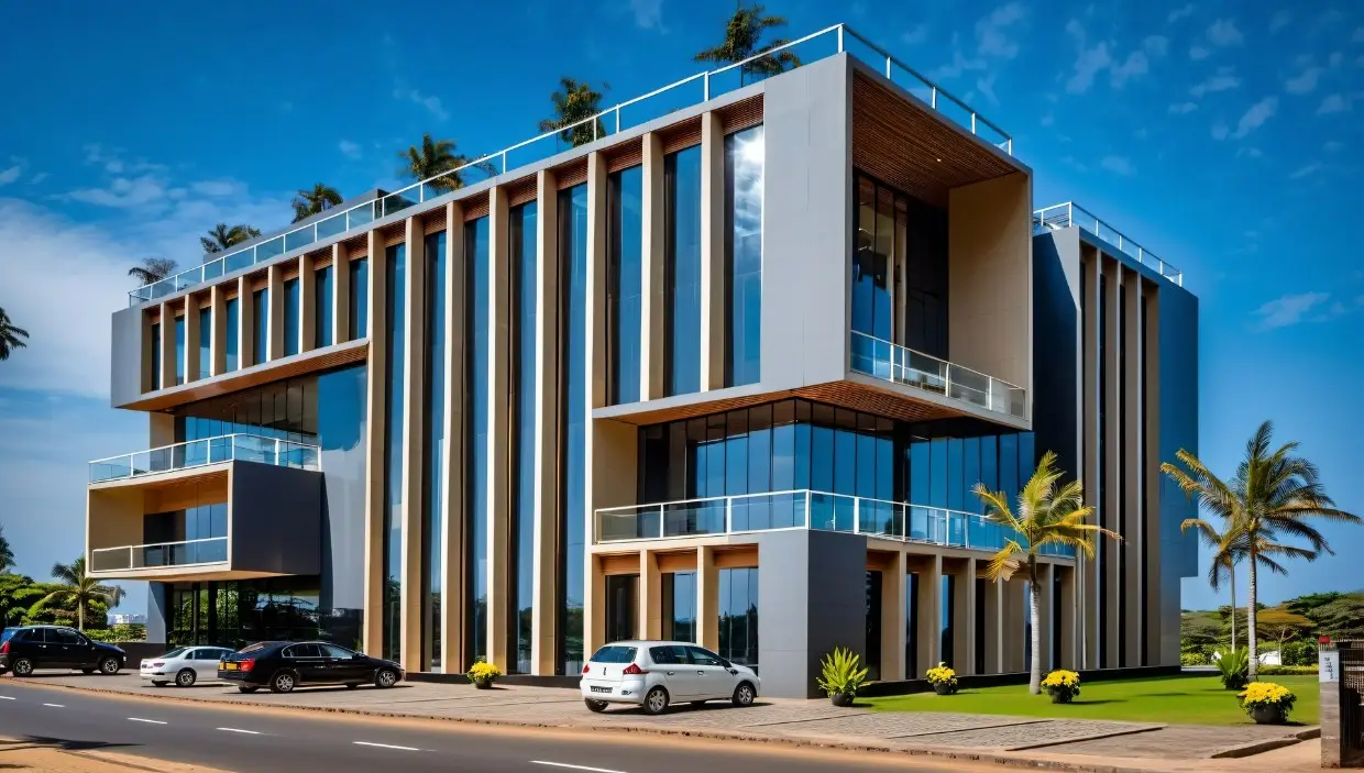 Glass-Fin Commercial Building: 3D render of a modern commercial building design in Nepal, image 3 of 4